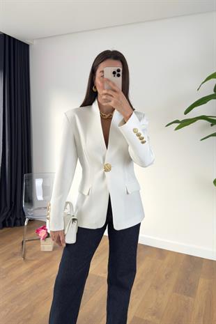 Crystal Beyaz Gold Düğmeli Premıum Blazer Ceket