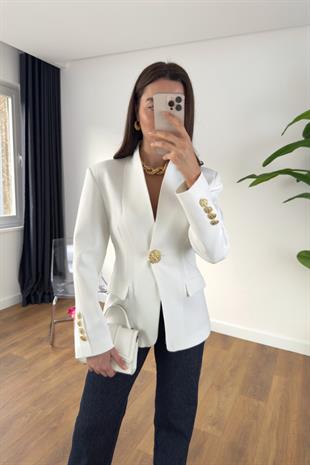 Crystal Beyaz Gold Düğmeli Premıum Blazer Ceket