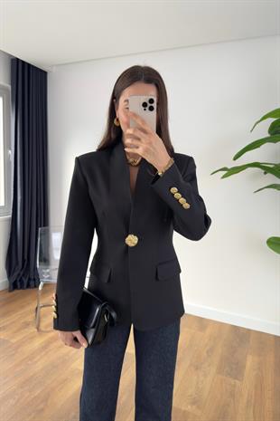 Crystal Siyah Gold Düğmeli Premıum Blazer Ceket
