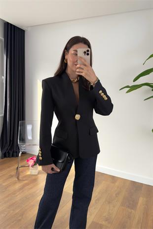 Crystal Siyah Gold Düğmeli Premıum Blazer Ceket