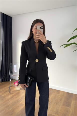 Crystal Siyah Gold Düğmeli Premıum Blazer Ceket