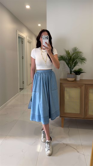 CS Avşa Buz Mavi Denim Tensel Etek