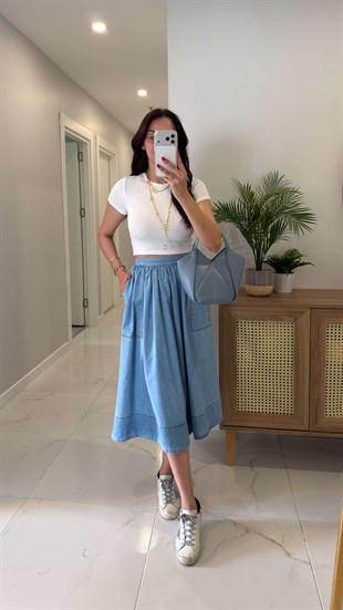 CS Avşa Buz Mavi Denim Tensel Etek