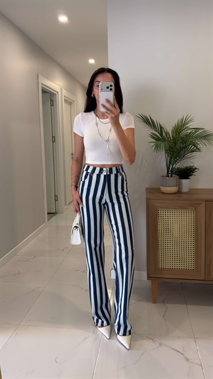 CS Kinos Beyaz Mavi Çizgili Wıde Leg Jean