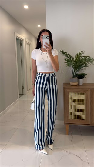 CS Kinos Beyaz Mavi Çizgili Wıde Leg Jean