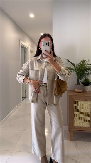 CS Mellis Kar Yıkama Bej Denim Ceket Pantolon Takım