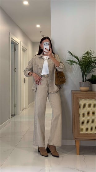 CS Mellis Kar Yıkama Bej Denim Ceket Pantolon Takım