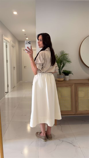 CS Wilsa Ekru Cep Detaylı Denim Etek
