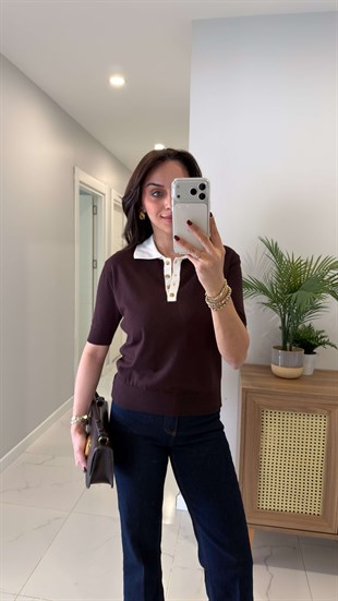 CS Zissa Acı Kahve Ekru Polo Yaka Kısa Kollu Triko
