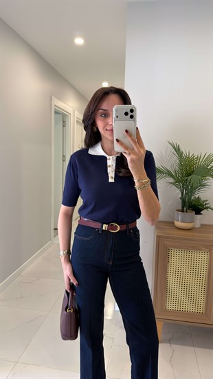 CS Zissa Lacivert Ekru Polo Yaka Kısa Kollu Triko
