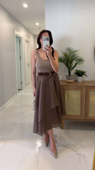 Cusra Kahve Asimetrik Kesim Kıraşlı Kemerli Etek