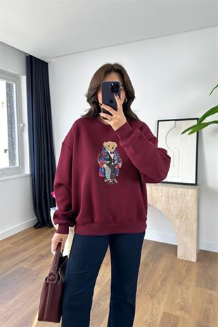 Andre Bordo Baskılı Oversize Sweatshirt