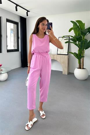 Tara Pembe Beli Bağlamalı Bluz Pantolon Takım