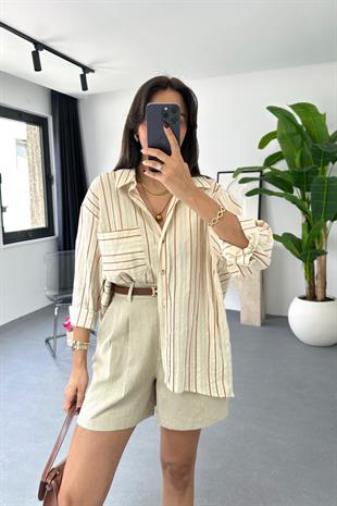 Couna Kiremit Çizgili Keten Gömlek