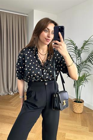 Siyah Kahve Benek Desenli Saten Gömlek