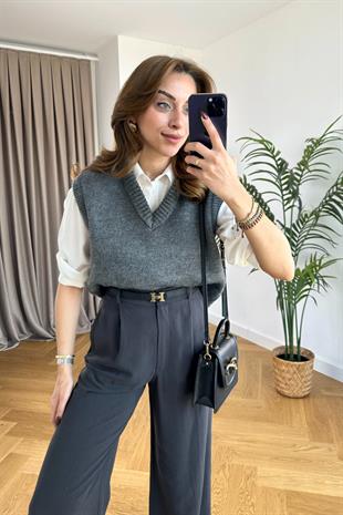 Füme Rengi V Yaka Düz Süveter