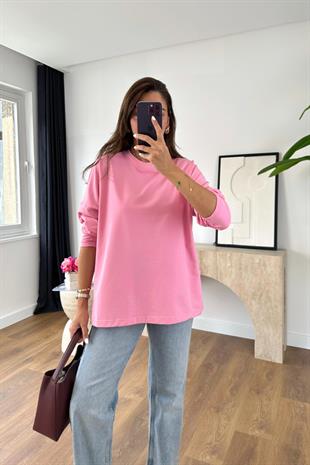 Merlin Şeker Pembe Yırtmaç Detaylı Oversize Sweatshirt