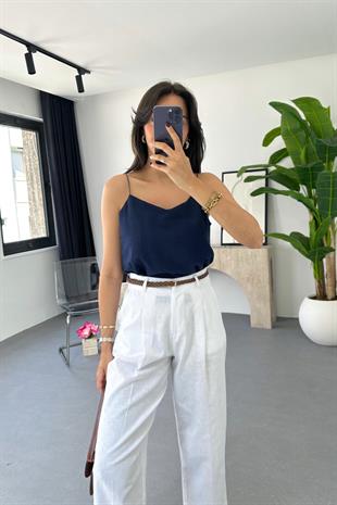 Cerla Lacivert Keten Bluz