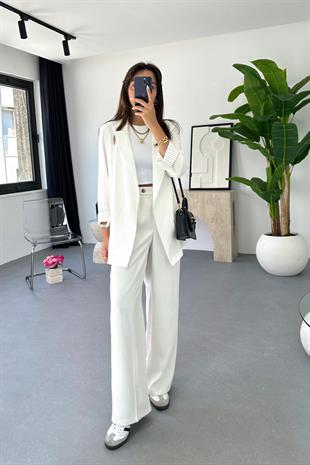 Dosy Beyaz Blazer Ceket Palazzo Pantolon Takım