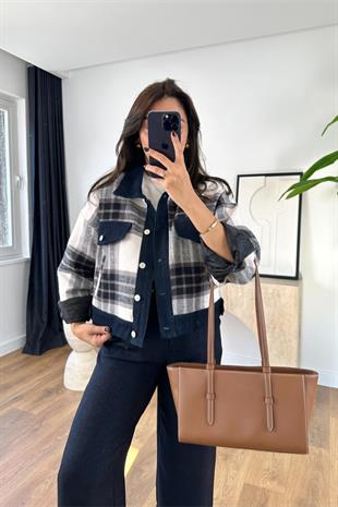 Kasne Denim Yaka Düğme Detaylı Ekose Ceket