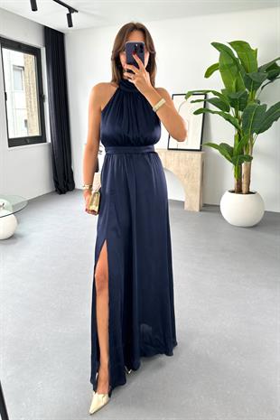 Shela Lacivert Halter Yaka Yırtmaç Detaylı Elbise