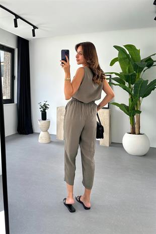 Mona Haki Beli Bağlamalı Bluz Pantolon Takım