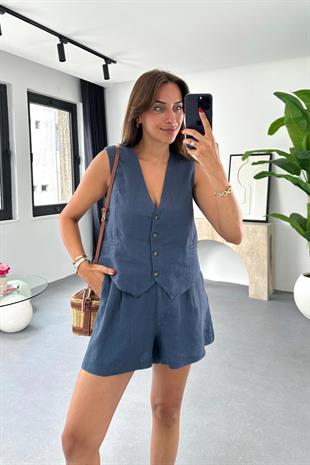 Sasha Lacivert Düğme Detaylı Keten Yelek