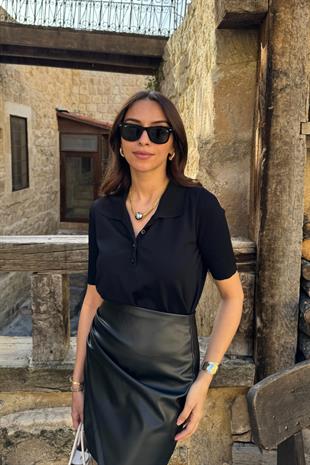 Yolenta Siyah Polo Yaka Düğmeli Triko