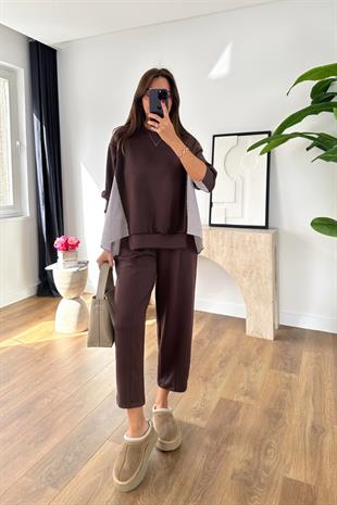 Sevsan Kahve Garnili Modal Sweatshirt Pantolon Takım
