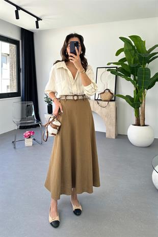 Lole Kemerli  Camel Keten Maxi Etek