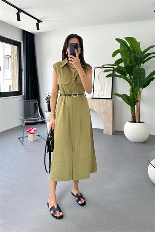 Liza Olive Kemer Detaylı Tensel Elbise