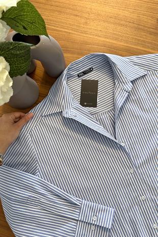 ZR Olosso İnce Çizgi Mavi Gömlek