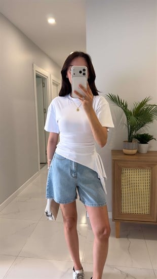 Davve Beyaz Beli Büzgülü Bluz