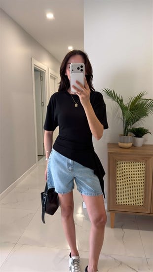 Davve Siyah Beli Büzgülü Bluz