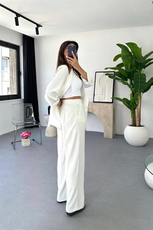 Dosy Beyaz Blazer Ceket Palazzo Pantolon Takım