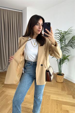 ZR Camel Düğme Detaylı Vatkalı Blazer