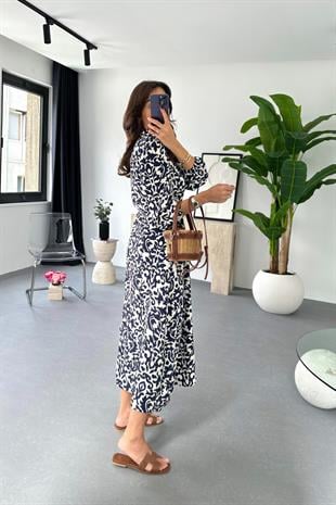 ZR Loita Lacivert Ekru Düğme Detaylı  Kuşaklı Maxi Boy Elbise