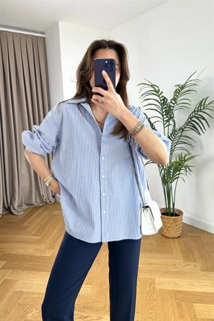 ZR Olosso İnce Çizgi Mavi Gömlek