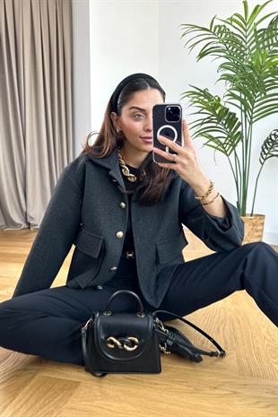Poly Kaşe Dokulu Gold Düğme Füme Ceket