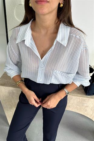 Polly Mavi Çizgili Cep Detaylı Transparan Dökümlü Gömlek