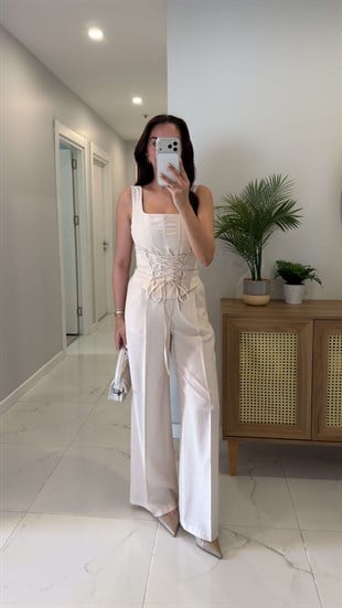 Dellis Bej Korse Bluz Pantolon Takım