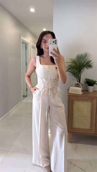 Dellis Bej Korse Bluz Pantolon Takım