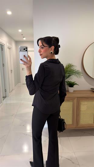 Deronya Siyah Slim Fit Likralı Gömlek