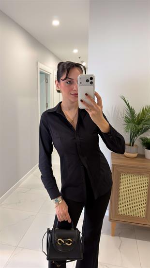Deronya Siyah Slim Fit Likralı Gömlek