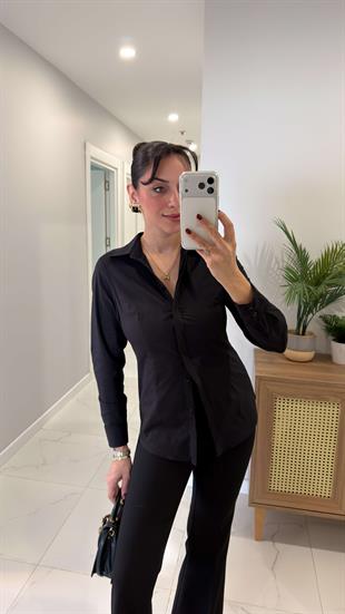 Deronya Siyah Slim Fit Likralı Gömlek