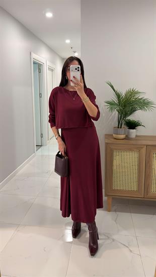 Derta Bordo Bluz Elbise Takım