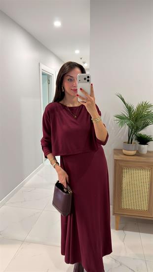 Derta Bordo Bluz Elbise Takım
