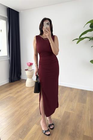 Desy Bordo Yanları Drape Detaylı Elbise