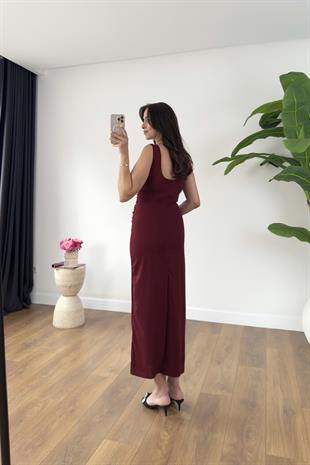Desy Bordo Yanları Drape Detaylı Elbise
