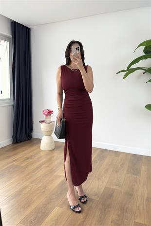 Desy Bordo Yanları Drape Detaylı Elbise